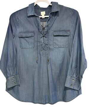 Chico's Tie Front Top Boho Western Peasant Pocket Casual Blue Chambray SZ 3 (XL)